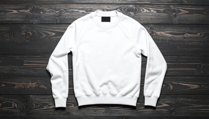 Plain white crewneck sweatshirt laid flat on a dark wooden background, showcasing its simple design and fabric texture