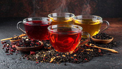 A collection of aromatic teas in clear glass cups, artfully arranged with loose leaf tea and wooden spoons on a textured dark surface