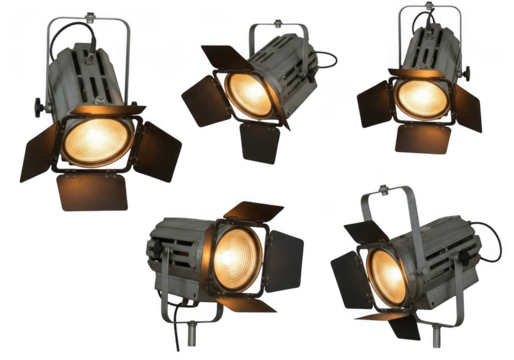 A collection of five vintage theater spotlights isolated on transparent background