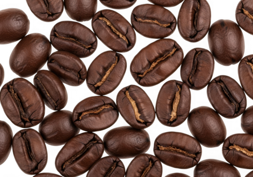 Closeup macro shot of roasted coffee beans scattered on a transparent background, showcasing their rich texture and deep brown color