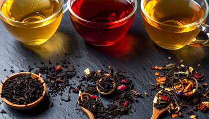 Aromatic hot beverages in glass cups with loose leaf teas and spices on a dark slate surface