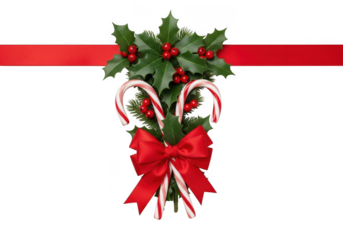 Festive christmas decoration with holly, red berries, candy canes, and a red bow, isolated on transparent background