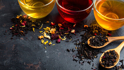 Three refreshing cups of hot tea with loose leaf varieties and scattered petals on a dark textured surface, perfect for a cozy beverage experience