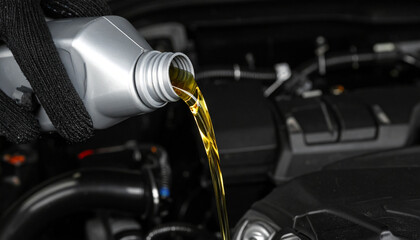 Pouring motor oil into a car engine, demonstrating automotive maintenance and fluid change for vehicle upkeep