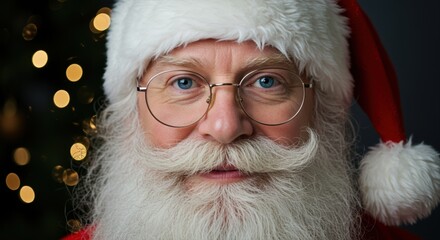 smiling santa claus with glasses posing in front of glowing christmas lights at night