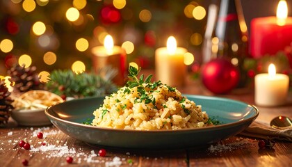 ハーブをのせたリゾットが白い皿に美しく盛られ、背景には柔らかなクリスマスの灯りが広がる。浅い被写界深度が温かいボケ感を生み、食卓に上品な雰囲気を添える。