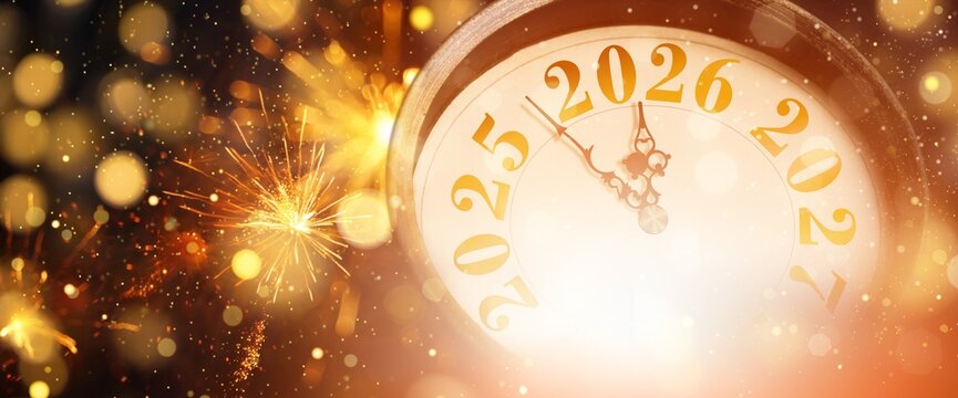 2025 Happy New Year concept with Clock And Golden Fireworks