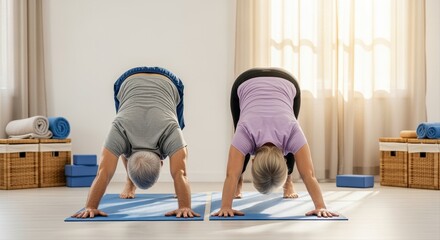 elderly couple practicing yoga together in a bright room with wooden floor and baskets
