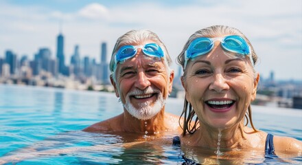 senior couple enjoying swimming together in rooftop pool with cityscape view