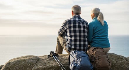 elderly couple sitting on rock overlooking sea enjoying peaceful sunset with backpacks