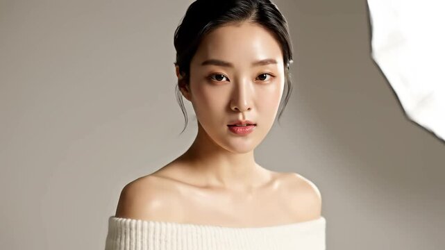 Korean model presents skincare product in a studio setting demonstrating healthy skin and promoting beauty and wellness in a clean environment for advertising campaigns