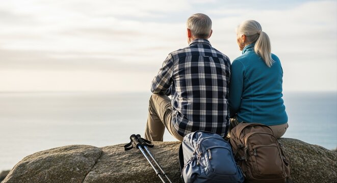 elderly couple sitting on rock overlooking sea enjoying peaceful sunset with backpacks - Powered by Adobe