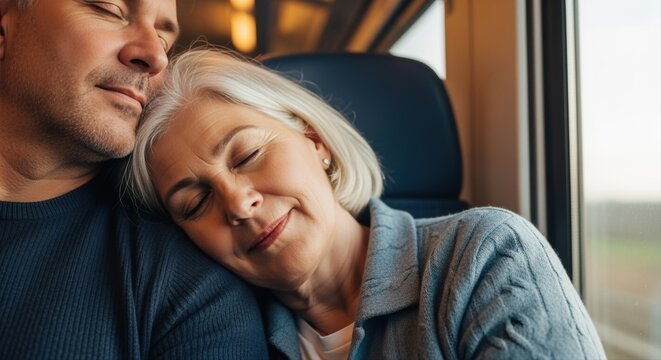 elderly couple peacefully resting on train journey with serene expressions