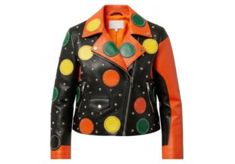 A black leather motorcycle jacket with colorful polka dot appliques and orange sleeves, isolated on transparent background