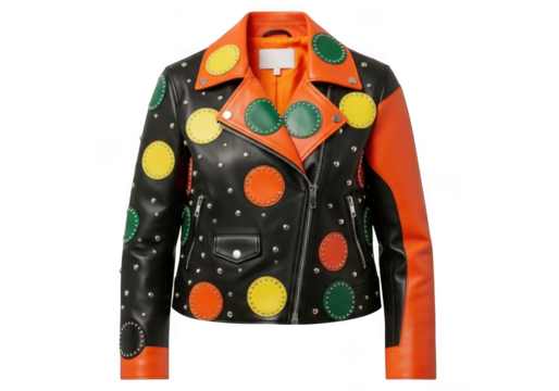 A black leather motorcycle jacket with colorful polka dot appliques and orange sleeves, isolated on transparent background