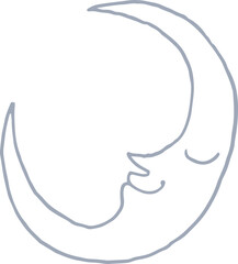 Whimsical castle core line art silver illustration of crescent moon with sleeping face. Vector medieval hand drawn doodle.
