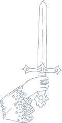 Whimsical castle core line art silver illustration of woman hand holding medieval sword. Vector medieval hand drawn doodle.