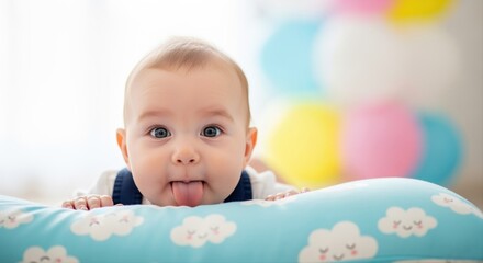 playful baby sticking tongue out on a cloudy cushion with pastel balloons in the background