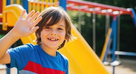 joyful young boy waving at the camera at a colorful playground on a sunny day