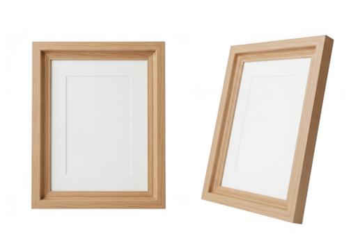 Two empty wooden picture frames, one straight and one tilted, isolated on transparent background