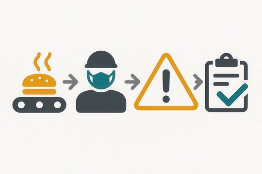 Visual flow depicting food safety protocol with hamburger on conveyor belt, worker wearing safety gear, cautionary sign indicating precautions, and checklist symbolizing compliance and assurance
