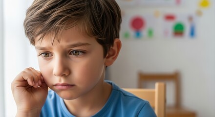 Obraz premium thoughtful young boy with hand on chin indoors contemplating emotions in bright room