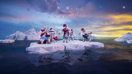 Christmas Party: Funny polar bears dance and play on an ice floe among icebergs at the North Pole. Animated 3D video for holiday events, greeting cards, and winter-themed content. - Powered by Adobe