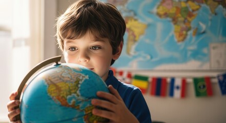 curious child exploring a globe in a classroom with world map and flags, learning concept