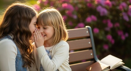 Fototapeta premium young girls sharing secret on park bench surrounded by pink flowers in sunny garden