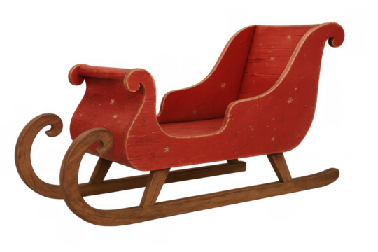 Traditional red wooden sleigh bringing christmas spirit and holiday joy, vintage winter transportation element for festive designs