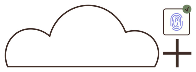 Cloud outline with a fingerprint icon and plus sign, representing secure storage, biometric access, added functionality. Ideal for technology, data management, security, access control, privacy