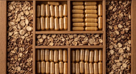 wooden tray with herbal capsules and dried roots for natural medicine or wellness concept