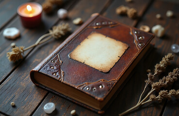 Vintage leather book mockup, in warm, rustic tones, a magical background for grimoires and spellbooks [with copy space]