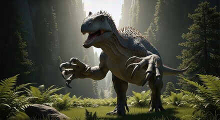 An Allosaurus walks through a lush prehistoric forest. The massive dinosaur has sharp teeth and claws as it roams among the trees, ferns, and other plants in the sunlight