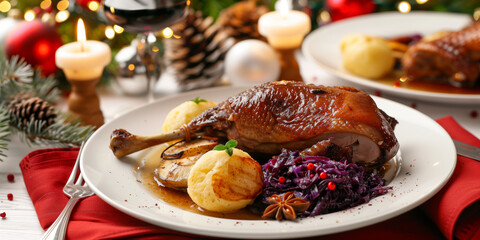 Festive holiday plate with roasted duck leg served with glazed apple slices, mashed potatoes, and braised red cabbage.