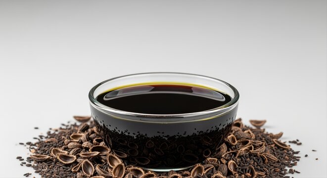 glass bowl with black seed oil surrounded by scattered black cumin seeds on white background