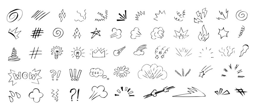 Cartoon line effects icon set. Manga speed elements, movement, burst, sketched motion
