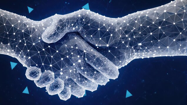 Digital handshake representing partnership and technology.
