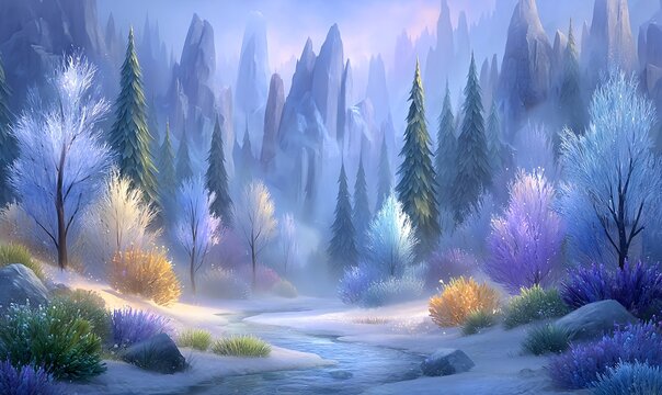Majestic frozen forest at sunrise where pastel skies and snow-kissed trees meet in peaceful harmony