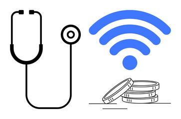 Stethoscope, large blue wireless signal, and stack of coins representing modern healthcare, telemedicine, affordable connectivity, technology-enabled health, digital economy, and simple flat metaphor