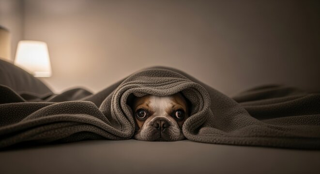 adorable pug dog cozily tucked under a blanket in a dimly lit bedroom, feeling safe and warm