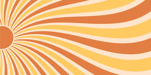 Groovy retro sun with wavy rays forms a burst of orange and yellow sunshine. Horizontal background brings a y2k graphic look and warm, bright summer energy, perfect for trendy decor or wallpaper © Moonnoon