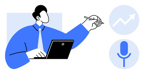 Man working on a laptop, pointing up with pen. Blue growth chart and microphone icons. Ideal for business growth, communication, analysis, digital trends, productivity, presentations teamwork