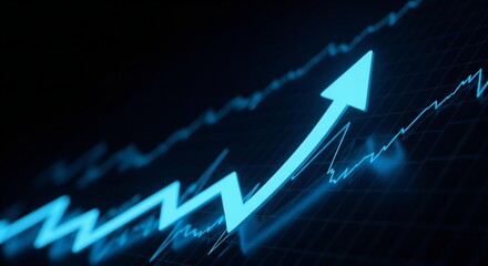 A luminous blue arrow dynamically ascends on a dark graph, conveying growth and progress