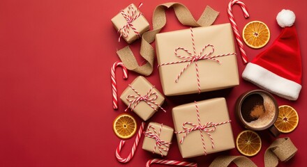 christmas gifts with santa hat and candy canes on red background creating holiday cheer