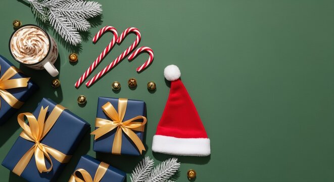 christmas gifts with candy canes and santa hat on green festive background