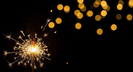 bright sparkler illuminating against dark background with festive golden bokeh lights