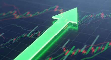 Bright green arrow ascending over a detailed stock chart, suggesting upward growth and profitability