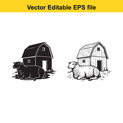 Two sheep resting near barns, one in silhouette and one in outline, vector illustration