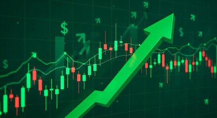 Financial growth chart with green arrow indicating upward trend, showing market progress